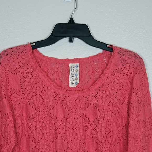FREE PEOPLE Pink Lace Long Sleeve Top Large Festival Boho Festive Cottagecore - Picture 3 of 5